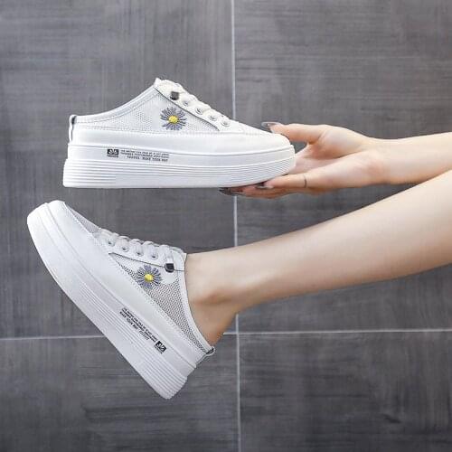 Size 35-40 Womens Shoes 5cm Leather Slippers Woman Height Icreasing Platform Shoes Sneakers Breathable Half Slippers