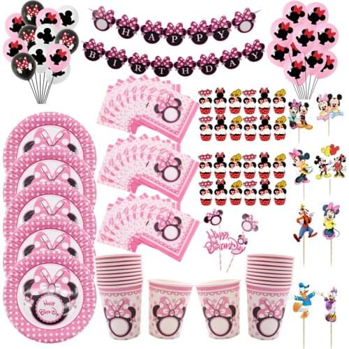 Minnie Mouse Happy Birthday Party Decoration Pink Cups Plate Straw Banner Balloon Disposable Girl Tableware Baby Shower Supplies