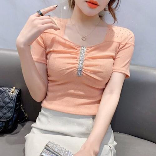 New 2021 Summer Short Sleeve Mesh Tops Shirt Fashion Sexy V-Neck Diamonds Women T-Shirt Plus Size Female Blusas