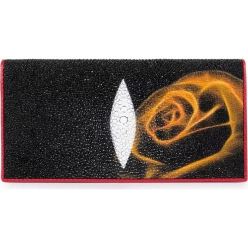 Fancy Genuine Stingray Skin Rose Flower Lady Card Holders Female Long Bifold Wallet Exotic Leather Womens Clutch Purse