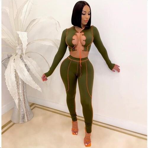 Women Long Sleeve Criss-Cross Lace Up Top And Pencil Pants Tracksuit Sexy Skinny 2 Pieces Set Night Club Overall Casual Outfits