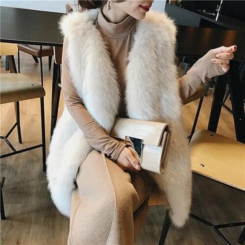 2021 New Korean Style Faux Fur Vest Jacket Women Winter Warm Midi Waistcoat V-Neck Loose Lady Fake Rabbit Fur Sleeveless Coat