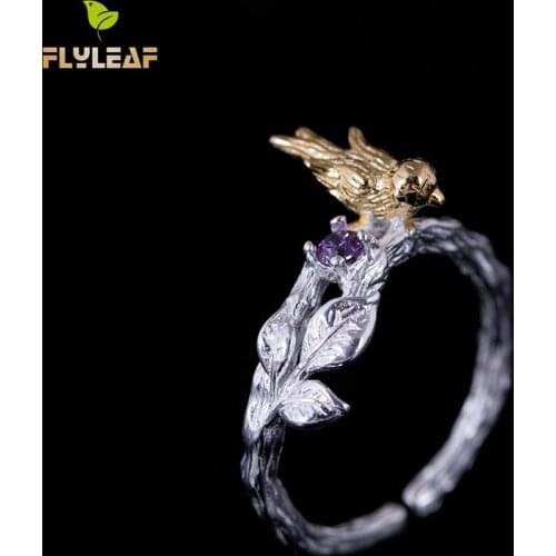 Flyleaf 100% 925 Sterling Silver Gold Color Branch Bird Open Rings For Women Handmade Lady Chinese Style Fashion Jewelry