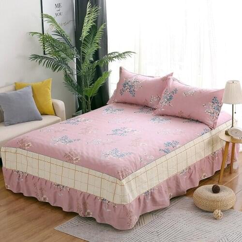 100%Cotton Bed Skirt Pastoral Flower Leaves Print Bedspread Satin green Bed Sheet for Bedroom Queen Size Bed Skirts pillowcase