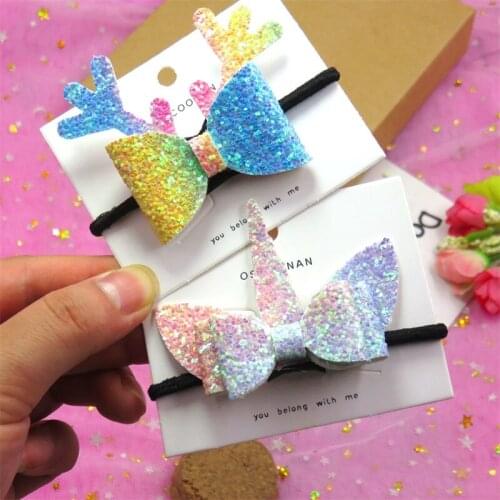 2PCS/LOT Elk And Unicorn Flash Ties Bows Elastic Bands For Baby Girls Hairpin Creativity Clip Pin Scrunchy Kids Hair Accessories