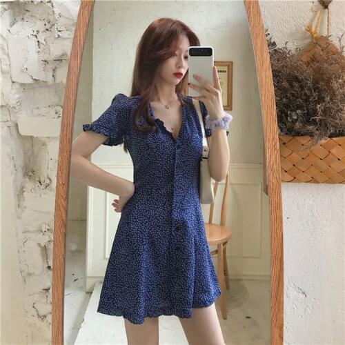 2021 Summer Polka Dot Dress Women Slim Waist V-Neck Floral Print A-Line Dresses Vintage Puff Short Sleeve Dress Female Trend