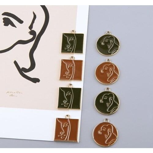 6pcs Korean Vintage Alloy Drop Oil Abstract Art Face Square Round Pendant Earings For Girls Material Diy Jewelry Accessories