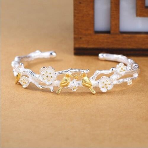 New Arrival Temperament Creative Fashion 925 Sterling Silver Jewelry Bracelets Cute Bird Plum Blossom Christmas Bangles