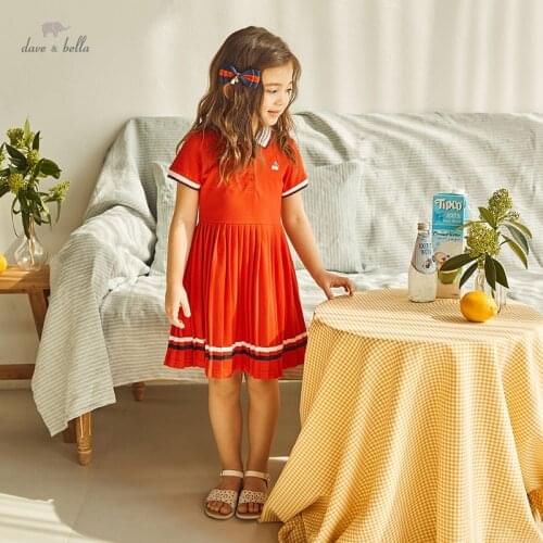 DKD18168 dave bella summer girls 5Y-13Y fashion cartoon striped draped dress children sweet dress kids infant lolita clothes