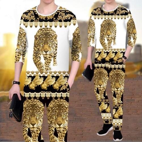 Mens autumn and winter long-sleeved T-shirt + trousers 2-piece suit casual loose sportswear trend 3D tiger print mens suit
