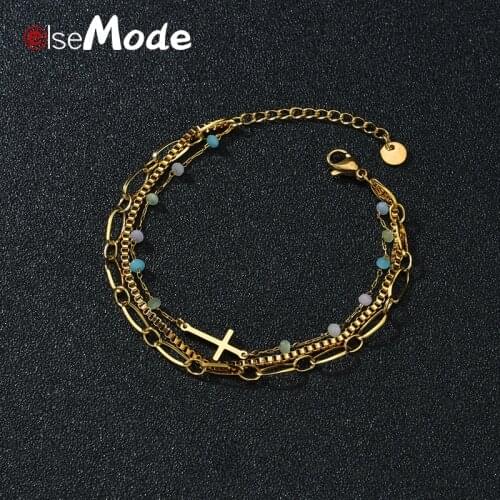 ELSEMODE Bohe 3 Layers Stainless Steel Cross Bracelets Multicolors Beads Chain Vintage Jewelry For Birthday Gifts