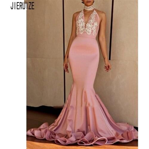 JIERUIZE Sexy Backless Mermaid Evening Dresses High Neck Lace Appliques Sleeveless Pink Prom Party Gowns vestidos de fiesta