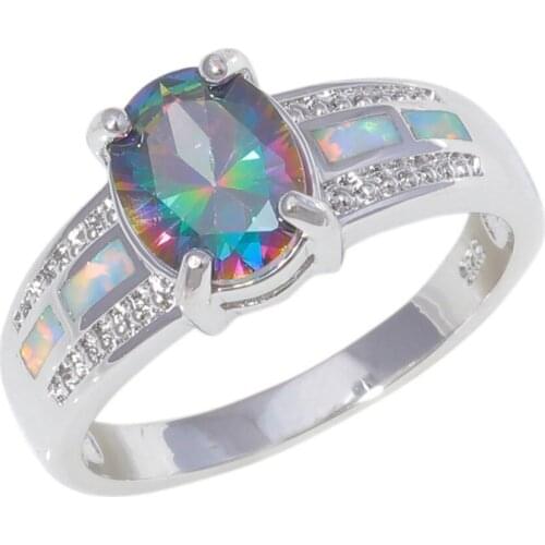 CiNily Created White Fire Opal Mystic Stone Silver Plated Wholesale for Women Jewelry Ring Size 5-11 OJ9443