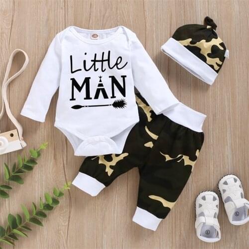 Newborn Baby Clothing Set Autumn Spring Boy Rompers Tops Long Camouflage Pants and Hat 3Pcs Set