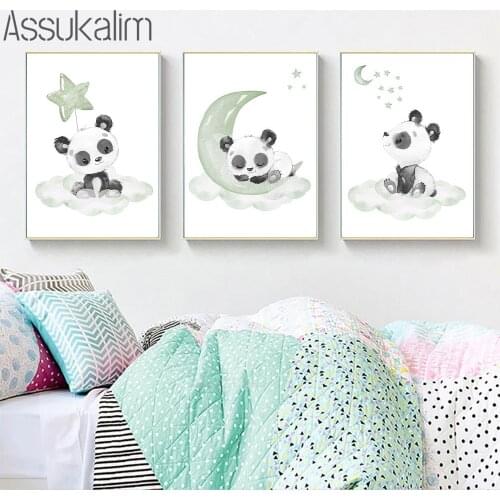 Cartoon Panda Wall Canvas Painting Clouds Moon Star Poster Nursery Art Print Nordic Wall Pictures For Kids Room Decoration