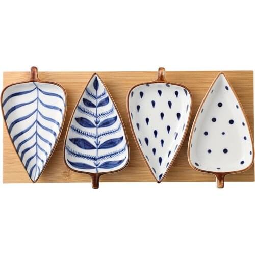 Ceramic Plate Sets Dishes for Cake/Dessert/Dried Fruits Plate Sushi Cute 4pcs Set Gift Box, Leaf Shape Seasoning Dipping Plate