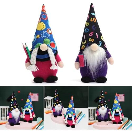 Newly Plush Faceless Gnome with Book & Pencil Handmade Colorful Long Hat Dwarf Doll School Season Decor Back to School Gift