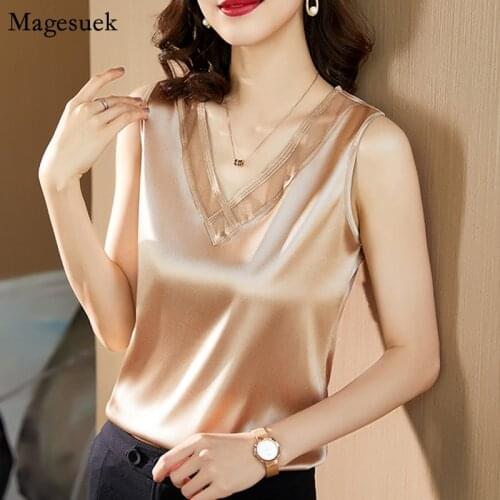 Plus Size Silk Women Shirts Blouses Solid V-neck Embroidery Satin Lace Summer Blouse Tops Sleeveless Elastic Shirt Blusas 13742