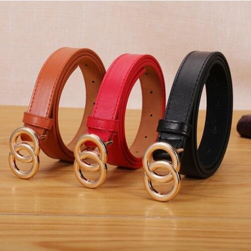 Women Fashion New Vintage Gold Double Round Buckle Belt PU Leather Casual Jeans Belts Students Strap Feminino