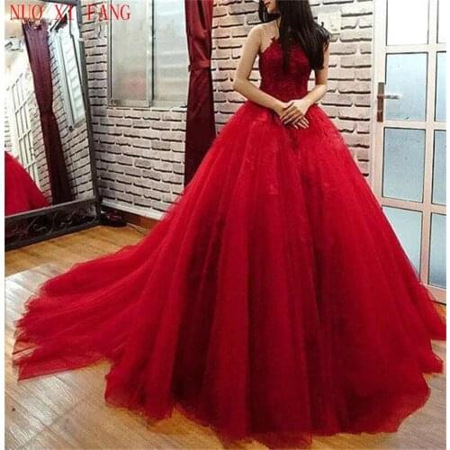 Sexy Dark Red Ball Gown Evening Dresses Wear Jewel Neck Lace Appliques Beads Tulle Puffy Custom Made Backless Prom Dress Formal