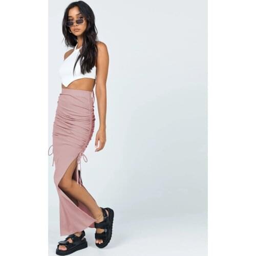 2021 New Fashion Sexy Split Slim Pleated Long Skirt Lace Hip Knit Skirt Women Shirring High Waist Solid Party Club Clothes Pink