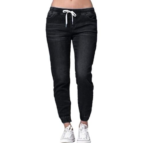 Plus Size Fashion Casual Women Jeans Drawstring Elastic Waist Jeans Loose Denim Long Pants pantalones de mujer брюки женские