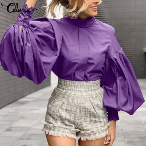 Women Fashion Lantern Sleeve Work Blusas Celmia Stand Collar Party Shirt and Blouses Loose Casual Solid Tunic Tops