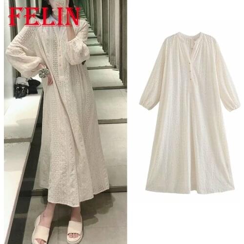 Women Chic White Loose Beach Maxi Dress Za 2021 Hollow Out V Neck Button Vintage Dress Long Sleeve Plus Size Elegant Vestidos