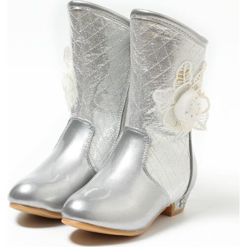 4-13 Years Old Winter New Girls Fashion Boots Princess High-heel Dance Boots Kids Flower Shoes Fation Long Boots Sliver& Pink