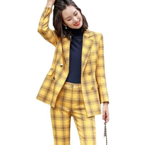Autumn and Winter Womens Pants Suit Two-piece Professional Wear 2021 New Plaid Long-sleeved Office Jacket Work Clothes Female