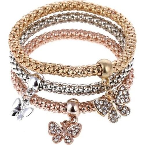 Women Men Charm Bracelet Popcorn Chain Beautiful Butterfly Shape Pendant With Sparkling Crystals Zinc Alloy Provide Dropshipping