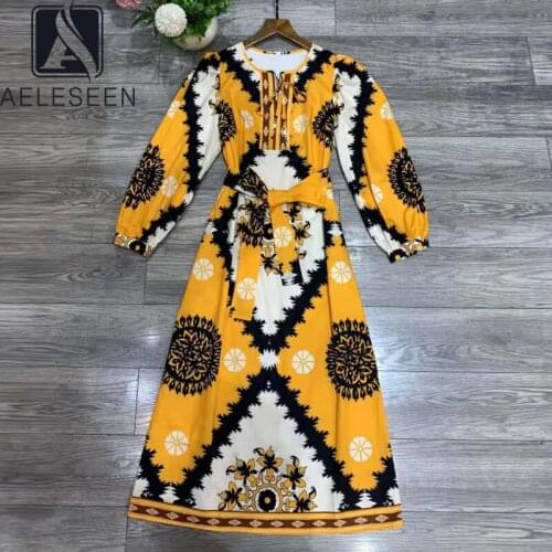 AELESEEN 100% Cotton Long Dress Women 2021 Vintage Designer Full Lantern Sleeve Yellow Flower Print Long Elegant Dress