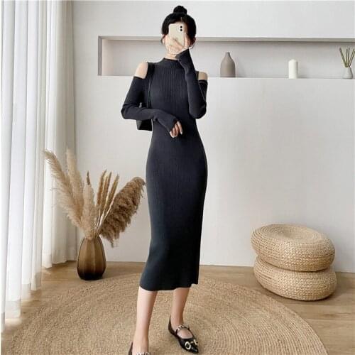Half High Collar Off Shoulder Knit Sweater Dress 2021 Autumn Winter Women Sexy Slim Bodycon Midi Dress Female Jumper Tops M663