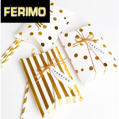 5pcs Paper Gift Box Pillow Shape Box Golden Striped Dots Paper Box Bag Merci Thank You Candy Box Wedding Packaging Kid Party