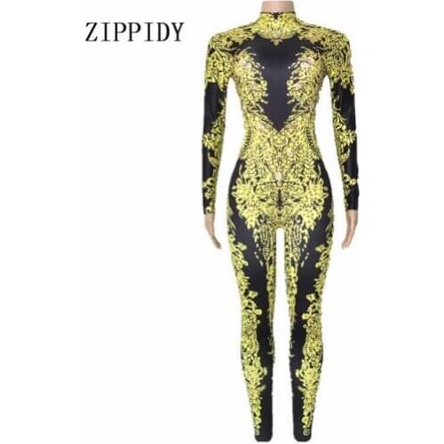 Shining Women Sexy Gold Rhinestones Fashion Jumpsuit Female Singer Leggings Nude Black Big Crystals Costume Dance Bodysuit