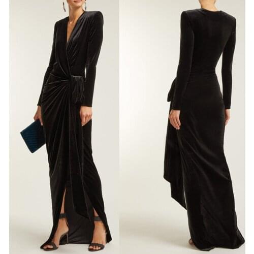 Black Deep V-neck High Split Front Vintage Vlevet Dress Women Autumn Winter Banquet Evening Slim Elegant Bodycon Long Maxi Dress