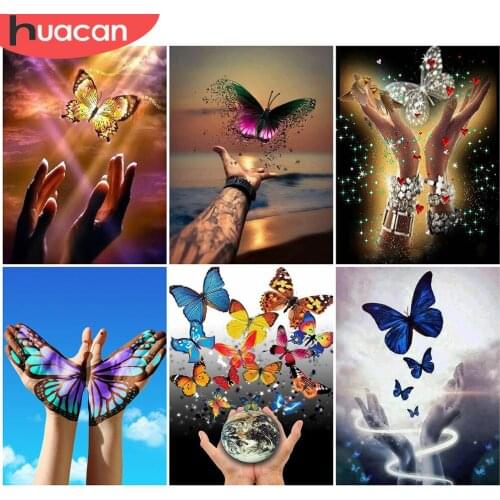 HUACAN DIY Diamond Painting Butterfly Hand Mosaic Rhinestone Cross Stitch 5D Full Square Diamond Embroidery Animal Home Decor