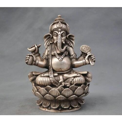 6'' China Silver Buddhism Four arm elephant god wealth Bronze Statue