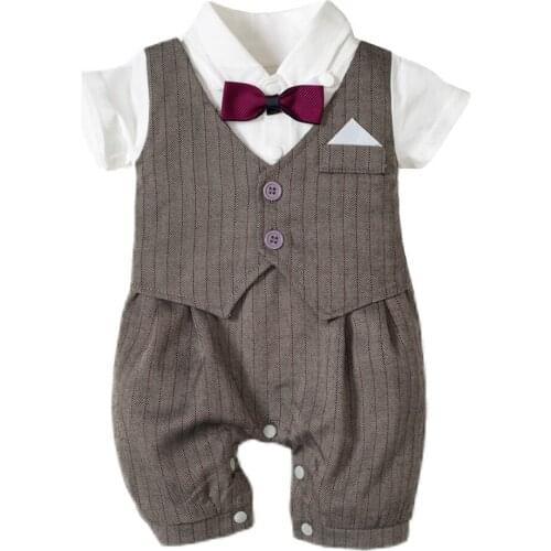 Boys Romper Infant Newborn Clothes Short Sleeve Baby Boy Birthday Unicorn Costume Outfit Striped One Piece Fake Vest Bow