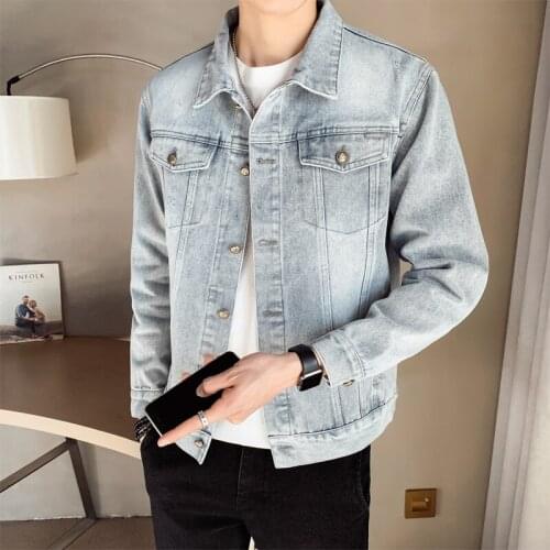 Quality Spring New Back Hole Men Jeans Jackets Long Sleeve Simple Single Breasted Slim Fit Casual Denim Coats Turn Down Collar