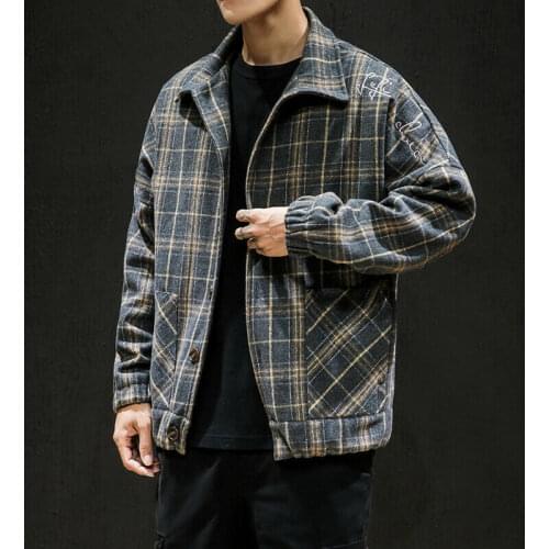 Men Check Shirt Winter Jacket Coat Casual Flannel Faux Woolen Button Up Plaid