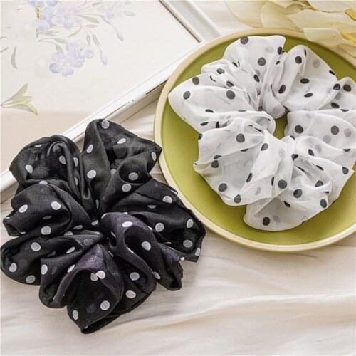 Oversized Black White Dot Chiffon Hair Scrunchies Summer Sheer Hair Tie Wide Head Band Vintage Hair Band Elastic Hair Rope