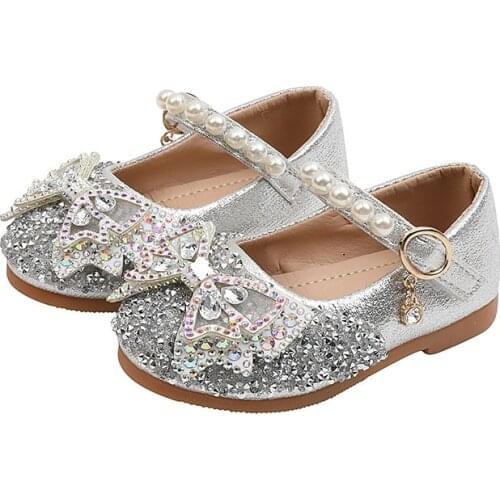 2021 Autumn New Korean Girl Leather Shoes Baby Rhinestone Bow-knot Princess Shoes Fashion Show Dance Shoes Chic Lady Flats Hot