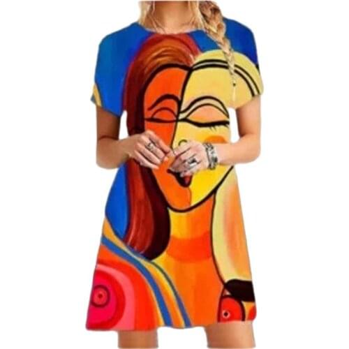New Casual Printed Short Sleeve Princess Dress Printed High Waist Irregular Lady Dress Plus Size Abstract Face European Style 4X