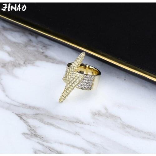 JINAO New Flashing Lightn Style Ring Hip Hop Plated Full Iced Out Bling Ring Micro Pave Cubic Zircon Stones Round Rings Men Gift