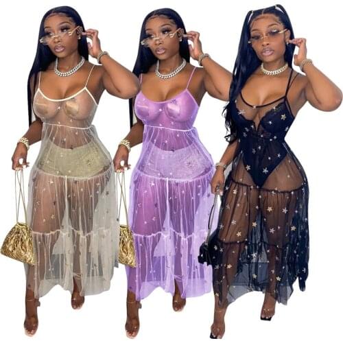 New Arrival Sexy Lady Mesh Dress Strap See Through Sequin Summer Women Club Dresses