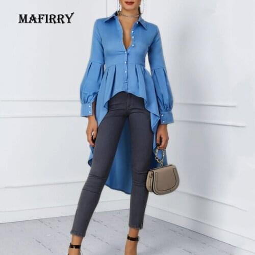 Summer New Women Solid Asymmetrical Button Dress Casual Long Sleeve Loose Blue Mermaid Dress Femme High Waist Streetwear Dress