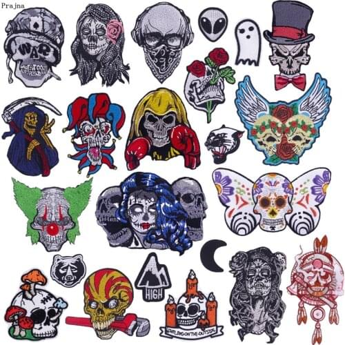 Prajna Punk Skull Patches Embroidered Patches For Clothing Rock Hippie Iron On Patches On Clothes Badge DIY Patch Applique Cloth