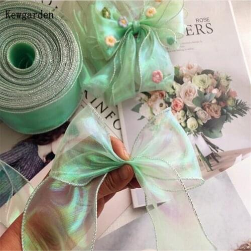 Kewgarden Wholesale 60mm 6cm Handmade Tape DIY Hair Bow Accessories Packing Riband Colorful Wave Hemming Organza Ribbon 35 Meter