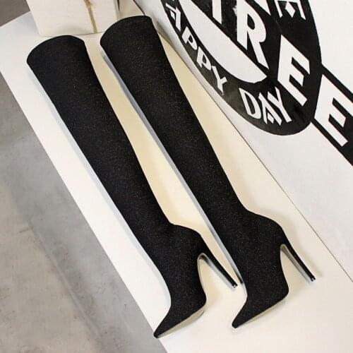 Autumn Winter Glitter Women Thigh high boots Elegant Thin heeled Elastic Slim Over the knee boots high heels Sock boots shoes